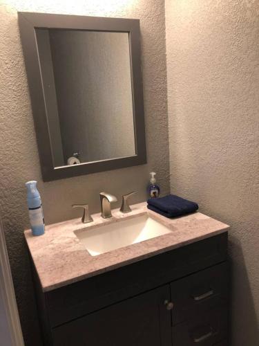 a bathroom with a sink and a mirror at Downtown Contemporary yet Cozy Fun in San Antonio