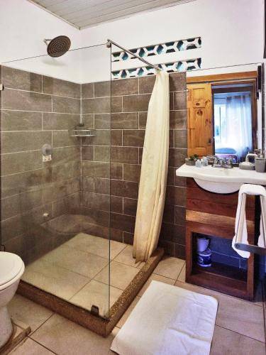 a bathroom with a shower and a toilet and a sink at Villa Picasso in Santa Teresa Beach