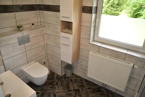 a small bathroom with a toilet and a window at Apartmaji Gaby in Gozd Martuljek