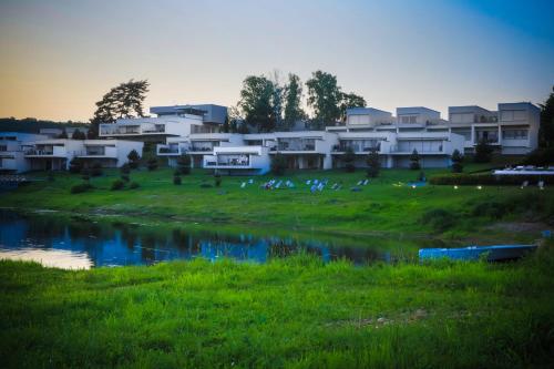 a group of houses in a field next to a river at Słoneczny Cypel in Gródek Nad Dunajcem