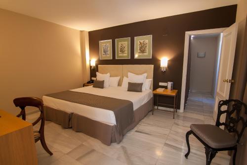 a hotel room with a large bed and a chair at Hotel San Gil in Seville