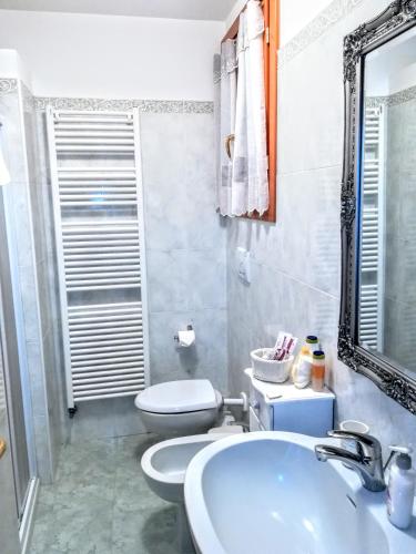 a bathroom with a sink and a toilet and a mirror at Appartamento Ca' Di Nive in Venice