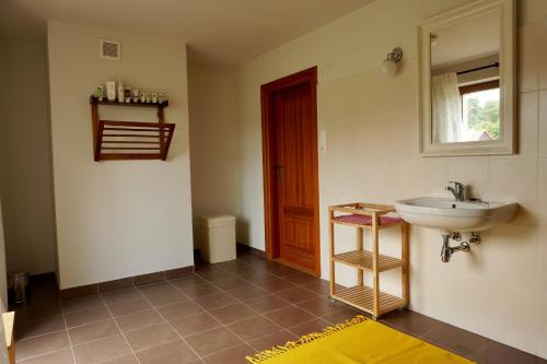 a bathroom with a sink and a mirror at Leśne zacisze in Rydzewo