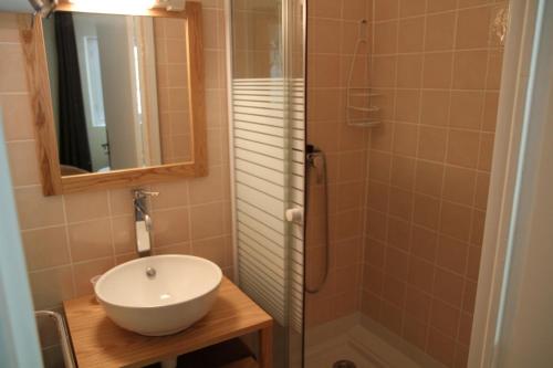 a bathroom with a sink and a shower with a mirror at Les Verveines de Vaison in Vaison-la-Romaine