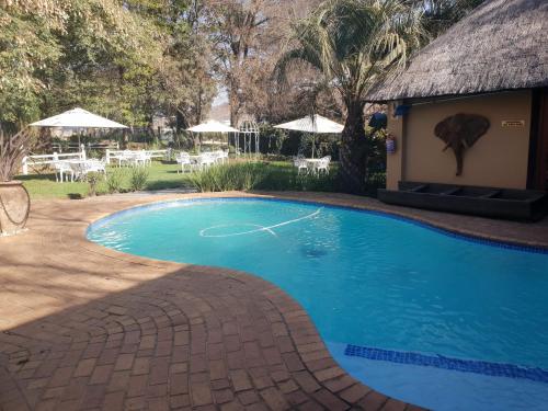 a swimming pool in a resort with an elephant on the wall at Greenfields Guesthouse & Restaurant in Alberton