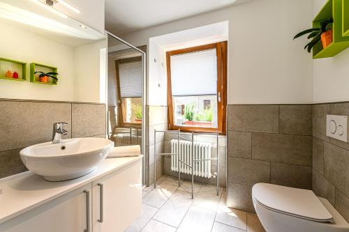 La salle de bains est pourvue d'un lavabo blanc et de toilettes. dans l'établissement Old Town Apartments, à Tirano
