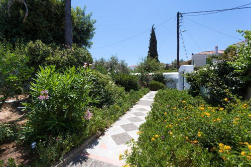 a garden path with flowers and plants at The Palm Tree House!! in Spetses