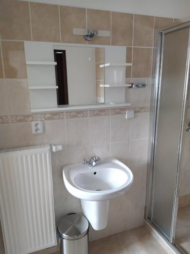 a bathroom with a white sink and a shower at Penzion a restaurace U Kalendů in Strážnice