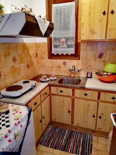 a small kitchen with a sink and a stove at Villa Horizon in Tsagarada