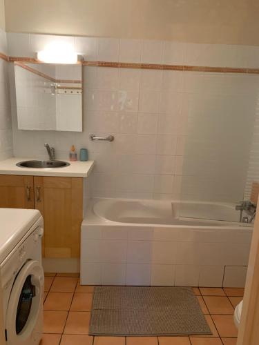 ein Badezimmer mit einer Badewanne, einem Waschbecken und einer Waschmaschine in der Unterkunft Chamonix Studio Jardin in Chamonix-Mont-Blanc