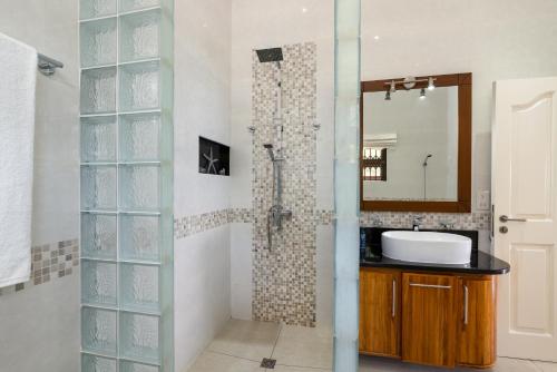 a bathroom with a shower with a sink and a mirror at Calm Sorento in Glacis