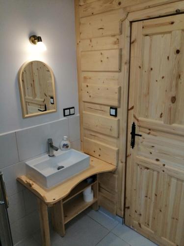 a bathroom with a sink and a wooden door at Domek na Berechu Domek w Górach-Pieniny in Szlachtowa