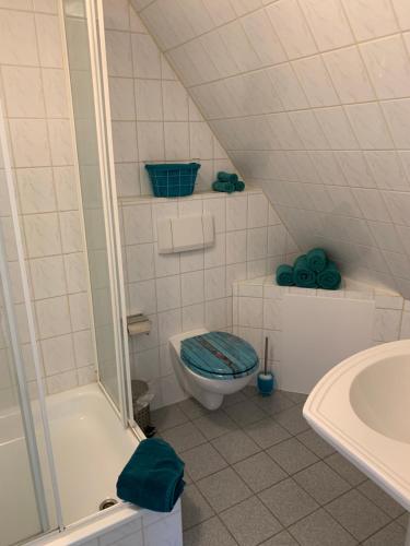 a small bathroom with a toilet and a sink at Ferienwohnung am Bramschebach in Löhne