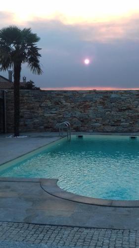 a swimming pool with a palm tree next to a wall at Casal da Porta - Quinta da Porta in Mirandela