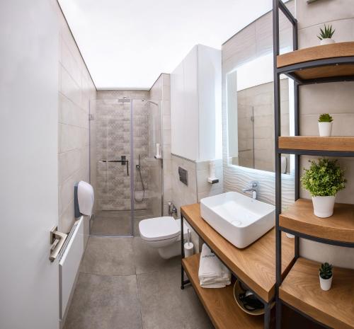 a bathroom with a toilet and a sink and a shower at South Place Apartments in Sandanski