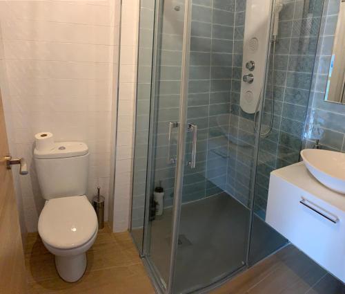 La salle de bains est pourvue d'une douche, de toilettes et d'un lavabo. dans l'établissement La casa de Lucas y Alex, à Ponferrada