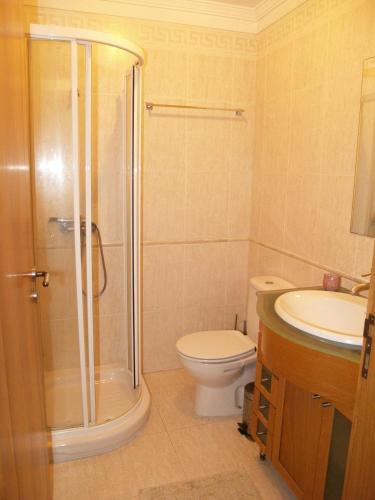 a bathroom with a shower and a toilet and a sink at Cabedelo guest house in Viana do Castelo