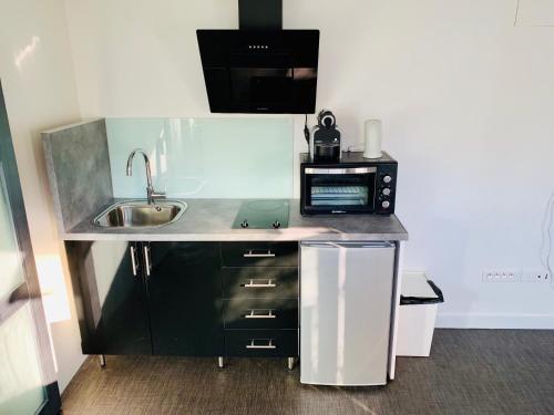 a small kitchen with a sink and a microwave at Villa Florian in Neuilly-Plaisance