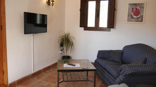 a living room with a couch and a tv on a wall at La Perla Blanca - Ronda in Ronda