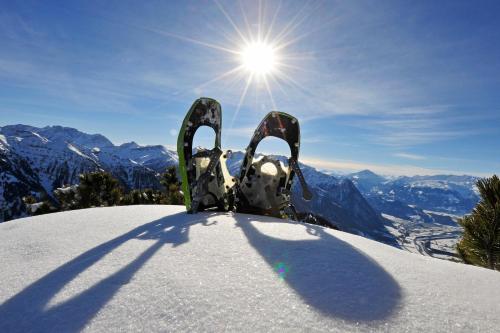 a pair of skis sitting on top of a snow covered mountain at Hotel TURNA Malbun in Malbun