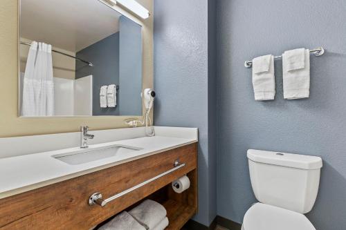 a bathroom with a sink and a toilet and a mirror at Extended Stay America Suites - San Ramon - Bishop Ranch - East in San Ramon