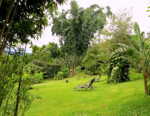 a park with two benches in the grass at Pura Vida Hotel in Alajuela City