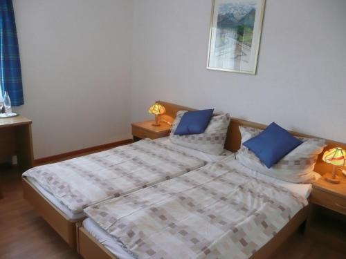 een slaapkamer met een bed met blauwe kussens bij Hotel Adelboden in Wikon