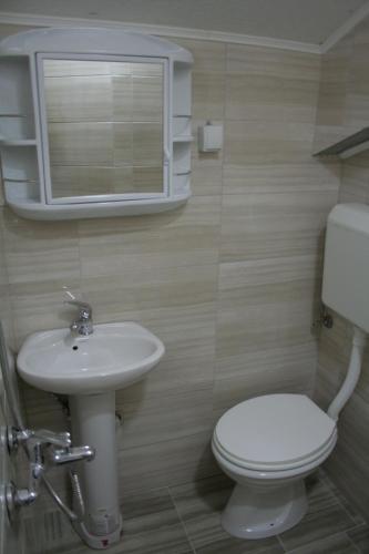 a bathroom with a white toilet and a sink at Villa Karolina in Ohrid
