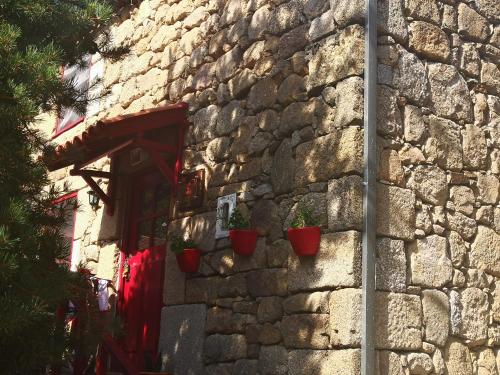 a stone building with potted plants on the side of it at Casa do Tio João in Seia