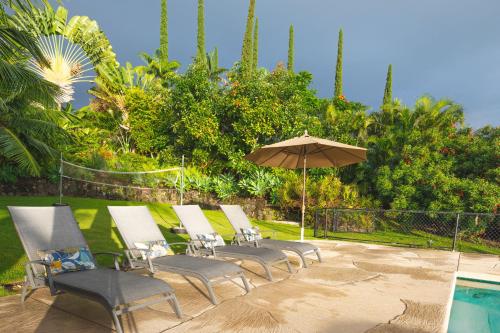 a row of chairs and an umbrella next to a pool at Affordable Luxury on One Acre in Kailua-Kona