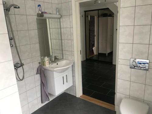 La salle de bains est pourvue d'un lavabo, d'une douche et de toilettes. dans l'établissement Paul’s house, à Ågotnes