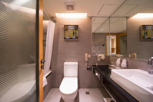 a bathroom with a toilet and a sink and a mirror at Shenzhen Longgang Rivan Hotel in Longgang