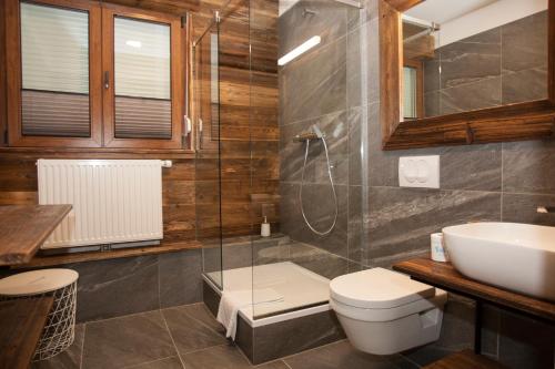 W łazience znajduje się toaleta, umywalka i prysznic. w obiekcie Family fun Pohorje w mieście Ruše