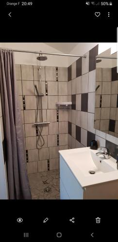 La salle de bains est pourvue d'un lavabo et d'une douche avec rideau de douche. dans l'établissement Monta Ocean, à Vendays-Montalivet