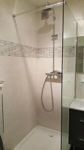 a shower with a glass door in a bathroom at Studio Zodiaque in Le Corbier