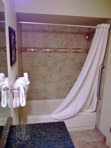 a bathroom with a bath tub with a shower curtain at Sedona Springs Resort in Sedona