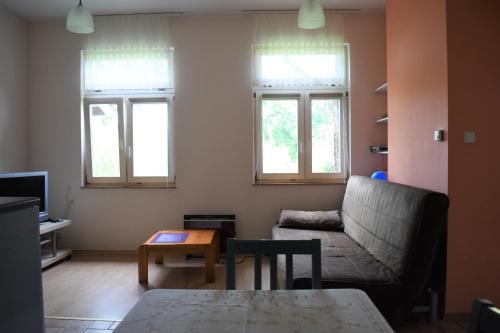 a living room with a couch and two windows at Willa "Mazowsze" in Nałęczów