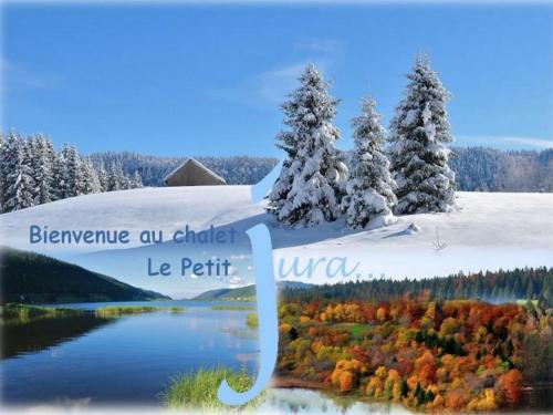 a picture of a winter landscape with a lake and trees at Chalet Le Petit Jura in Morbier