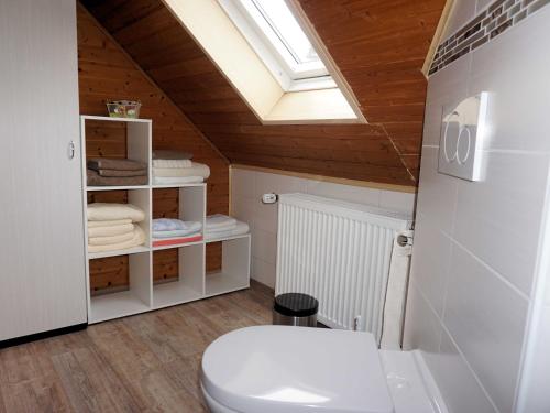 a bathroom with a white toilet and a skylight at Haus Burgblick in Obertrubach