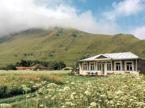 a house in a field with a mountain in the background at Icho House in Stepantsminda