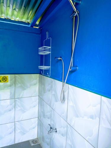 a bathroom with a shower with a blue wall at Moalboal Bamboo Guest House in Moalboal
