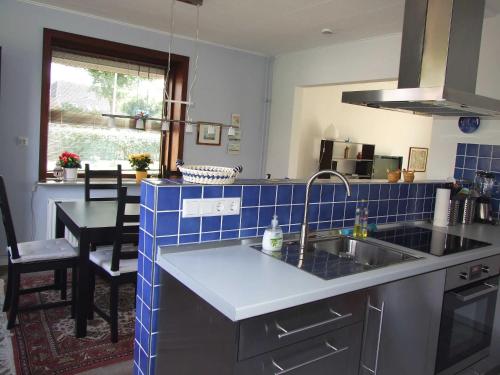 a kitchen with a sink and blue tiles on the wall at Ferienhaus _Auf dem Bremsberg_ in Glücksburg