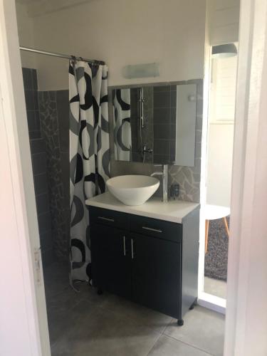 uma casa de banho com um lavatório e um espelho em Agréable appartement à 2 pas des plages em Le Gosier