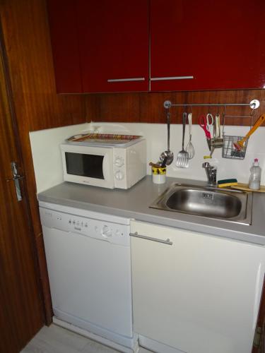 une cuisine avec un évier et un micro-ondes dans l'établissement T2 confort,Vue d'Exception,calme,prés des pistes, à La Mongie