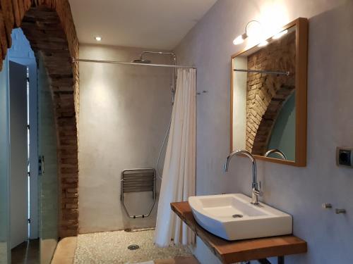 a bathroom with a sink and a shower at Casa Vella del Panta in Ríudecañas