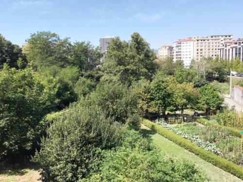 a garden with bushes and trees in a city at Casas Á Beira - Apartamentos in Pontevedra