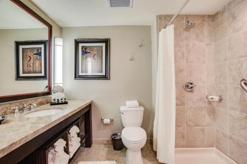 a bathroom with a toilet and a sink and a shower at Overton Hotel and Conference Center in Lubbock