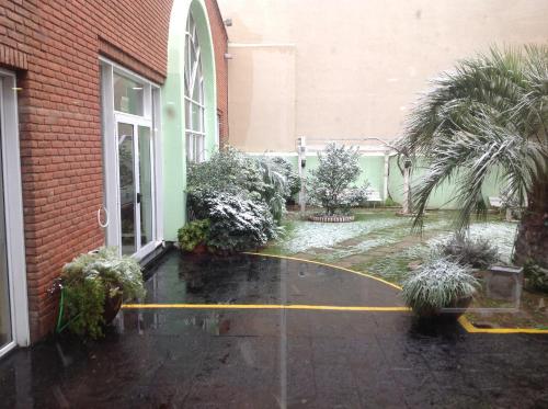 a courtyard of a building with a rain soaked yard at Quintana Hotel in San Luis