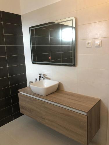ein Bad mit einem Waschbecken und einem Spiegel in der Unterkunft Ideal Holiday Apartment 2 in Tribunj