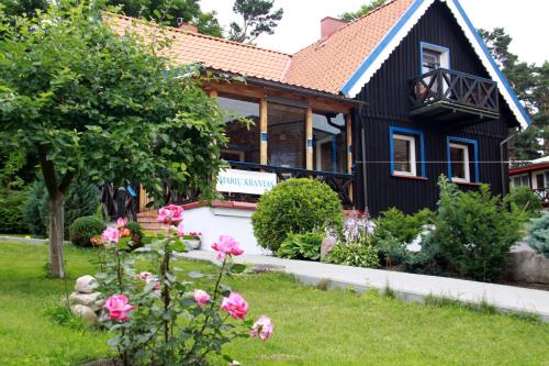 奈达马里乌克兰塔斯旅馆的院子里有粉红色花的黑色房子